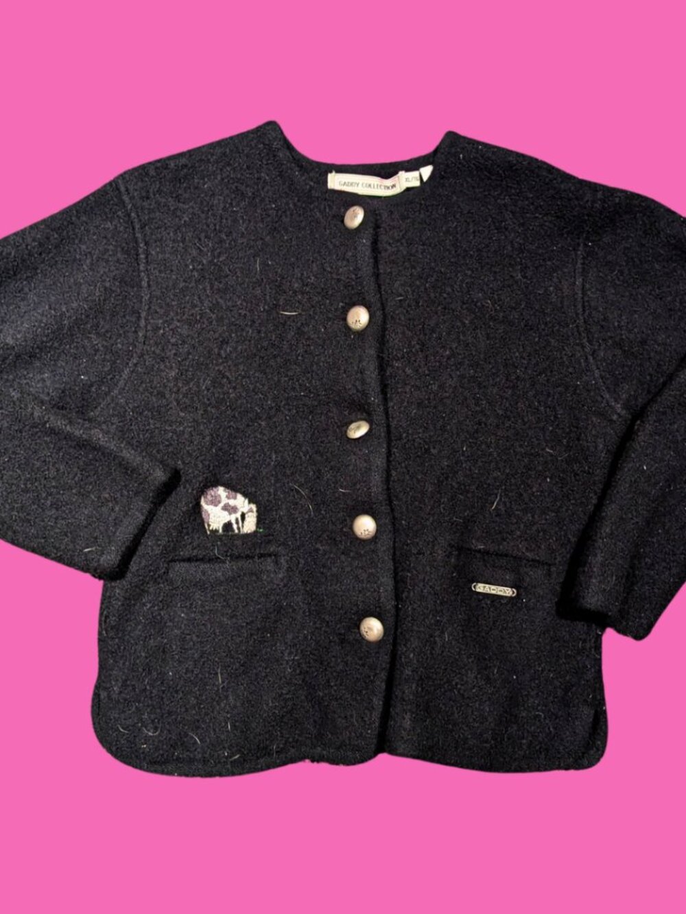 Vintage 1980's Black Wool with Cow Embroidery Pieces Cardigan by Gaddy Collectio